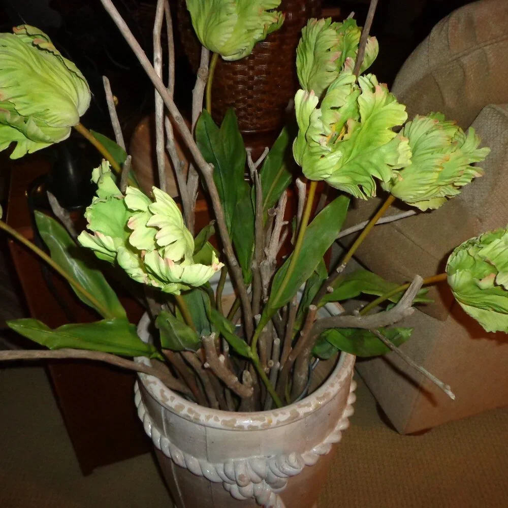 Lot of 8 Faux Long Stem Flowers Greenish Bendable Stems Realistic Looking